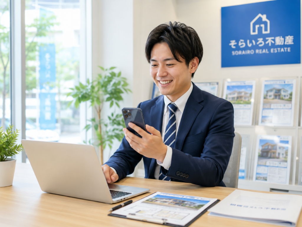 笑顔でスマホを見てる不動産屋のおにいさん