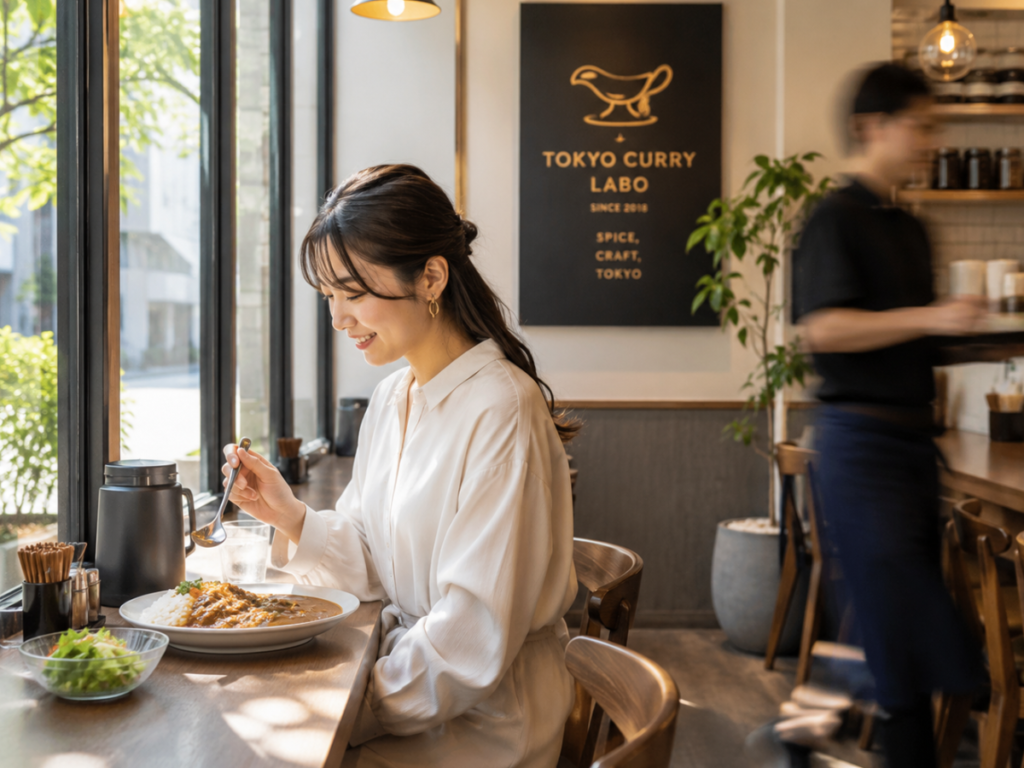 カレー専門店で食事を楽しむおねえさん
